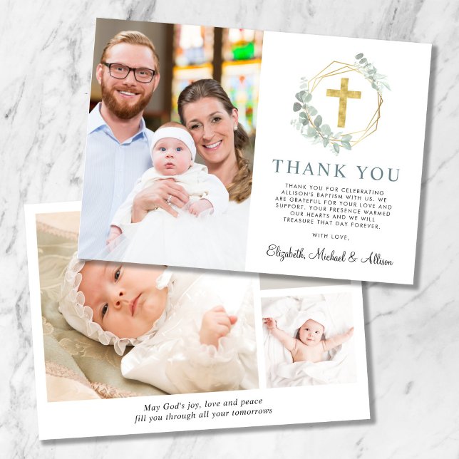Elegant Gold Cross Greenery Photo Collage Baptism Thank You Card (Creator Uploaded)