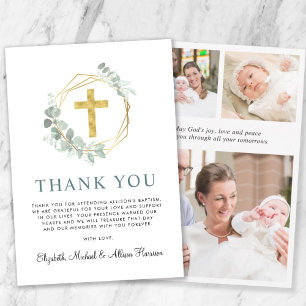 Elegant Gold Cross Greenery Wreath Photo Baptism Thank You Card
