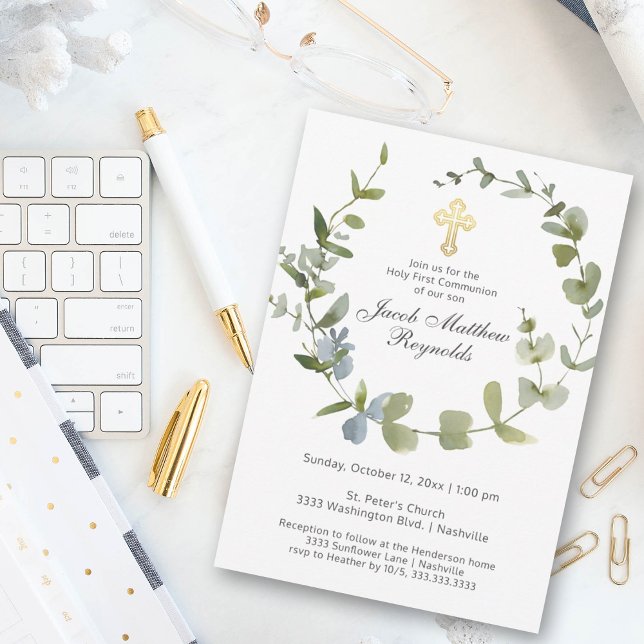 Elegant Gold Cross Holy Communion Greenery Invitation (Creator Uploaded)