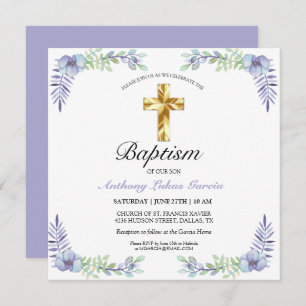Elegant Gold Cross Lavender Boy Baptism Invitation