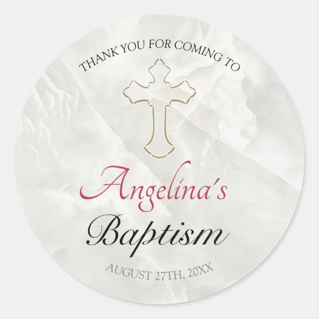 Elegant Gold Cross Marble Baby Baptism Thank You Classic Round Sticker (Front)