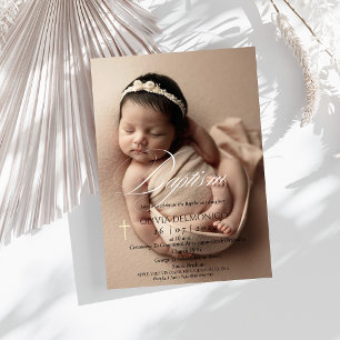 Elegant Gold Cross Overlay Photo Baptism  Invitation