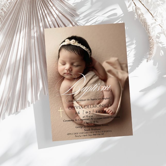 Elegant Gold Cross Overlay Photo Baptism  Invitation (Creator Uploaded)
