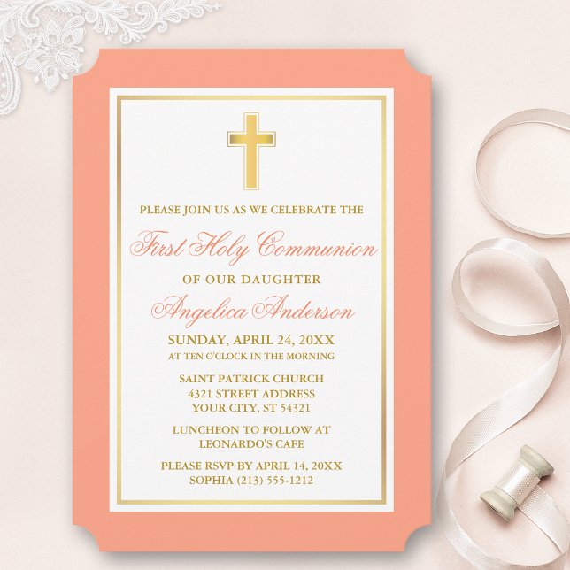 Elegant Gold Cross Peach First Communion Invitation (Customize to change text size, style, color or to add more text or photos to back of card.)