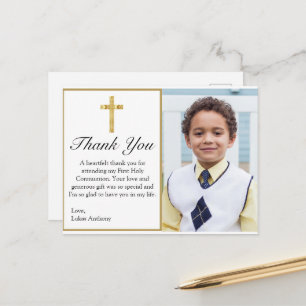 Elegant Gold Cross Photo 1st Communion Thank You Postcard