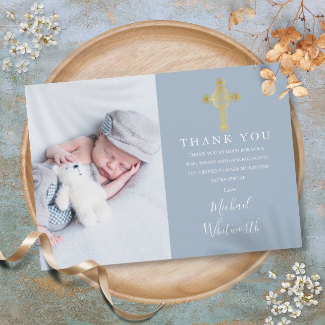 Elegant Gold Cross Photo Signature Script Baptism Thank You Card (Elegant Gold Cross Photo Signature Script Baptism Thank You Card)