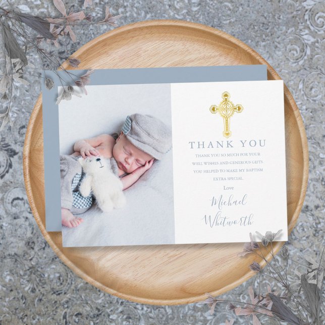 Elegant Gold Cross Photo Signature Script Baptism Thank You Card (Elegant Gold Cross Photo Signature Script Baptism Thank You Card)