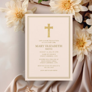 Elegant Gold Cross Pink Baby Girl Baptism Invitation