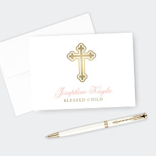 Elegant Gold Cross Pink Baby Girl Baptism Thank You Card