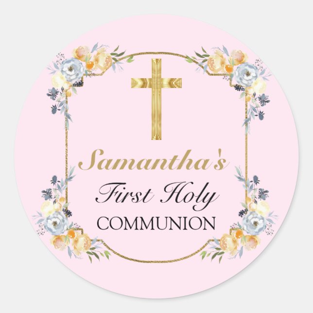Elegant Gold Cross Pink Floral 1st Holy Communion  Classic Round Sticker (Front)