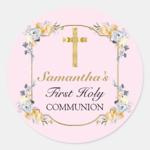 Elegant Gold Cross Pink Floral 1st Holy Communion Classic Round Sticker