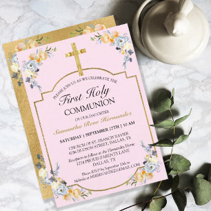 Elegant Gold Cross PInk Floral 1st Holy Communion Invitation