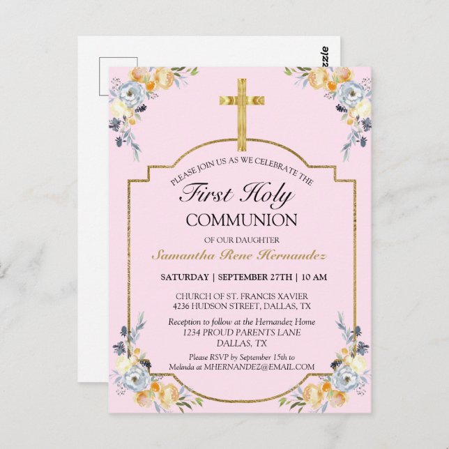 Elegant Gold Cross PInk Floral 1st Holy Communion  Postcard (Front/Back)