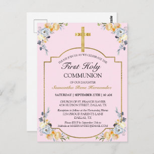 Elegant Gold Cross PInk Floral 1st Holy Communion Postcard