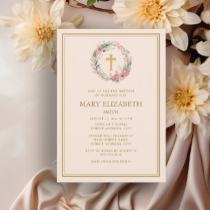 Elegant Gold Cross Pink Floral Baby Girl Baptism  Invitation