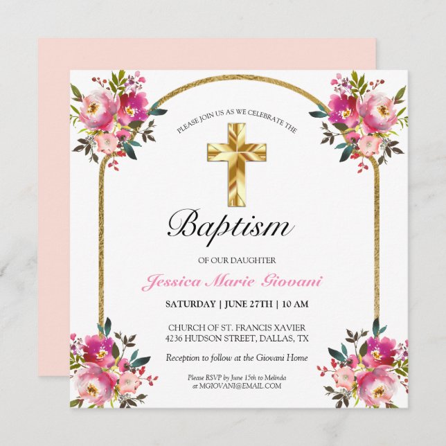Elegant Gold Cross PInk Floral Baptism Invitation (Front/Back)
