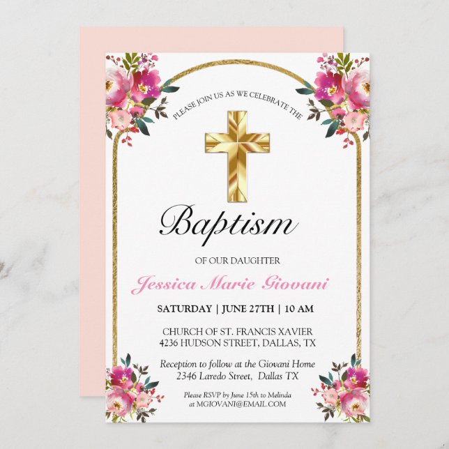 Elegant Gold Cross Pink Floral Girl Baptism  Invitation (Front/Back)