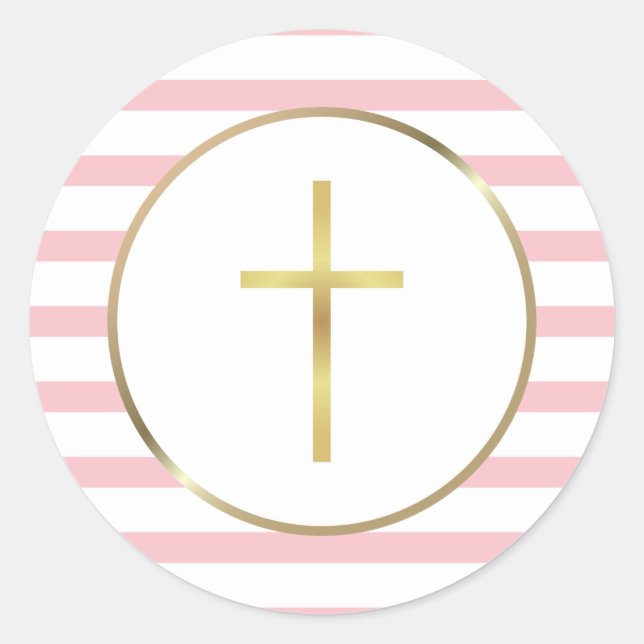 Elegant Gold Cross Pink Stripe Classic Round Sticker (Front)