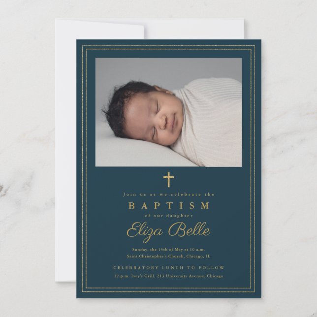 Elegant Gold Cross Religious Baptism & Christening Invitation (Front)