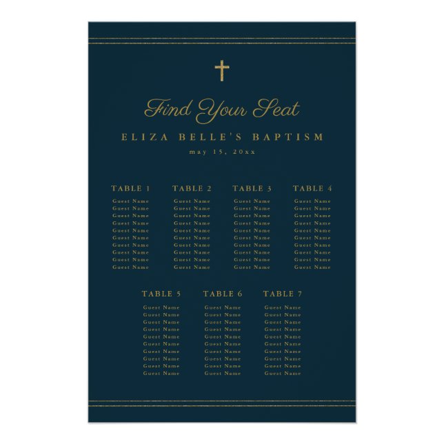Elegant Gold Cross Religious Baptism Seating Chart (Front)
