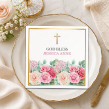 Elegant Gold Cross Roses Floral Baptism