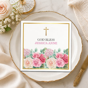 Elegant Gold Cross Roses Floral Baptism Napkin