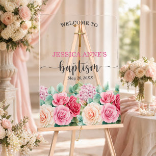 Elegant Gold Cross Roses Floral Baptism Welcome Acrylic Sign