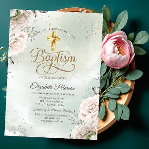 Elegant Gold Cross Roses Green Baptism Invitation