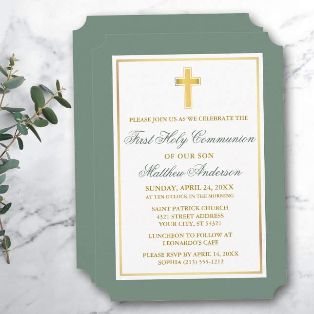 Elegant Gold Cross Sage Green First Communion Invitation (Customize to change text size, style, color or to add more text or photos to back of card.)