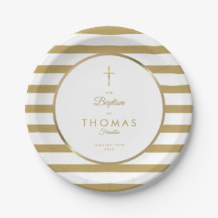 Elegant Gold Cross Stripe Baptism Christening Paper Plate