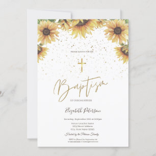 Elegant Gold Cross Sunflowers Baptism  Invitation