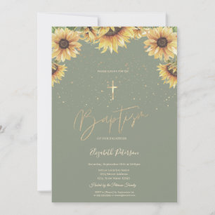 Elegant Gold Cross Sunflowers Baptism Sage Green Invitation