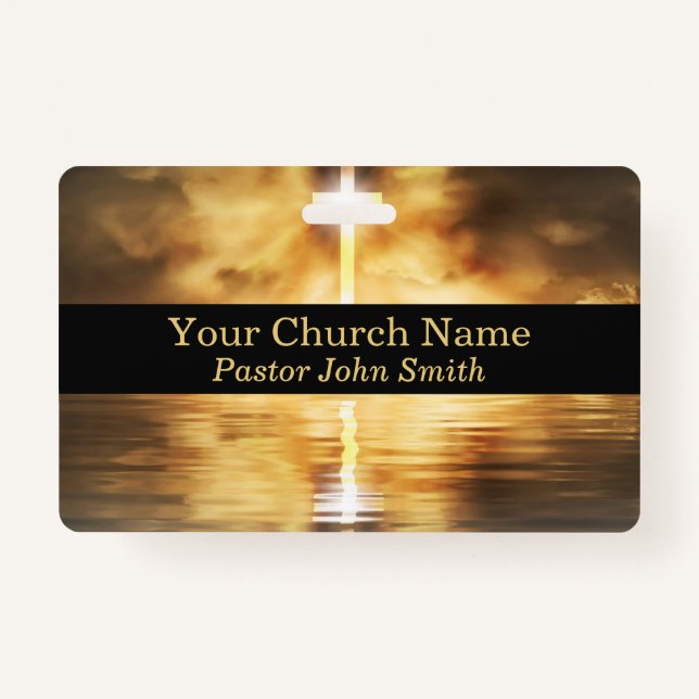 Elegant Gold Cross Water Reflection Church  ID Badge (Front)