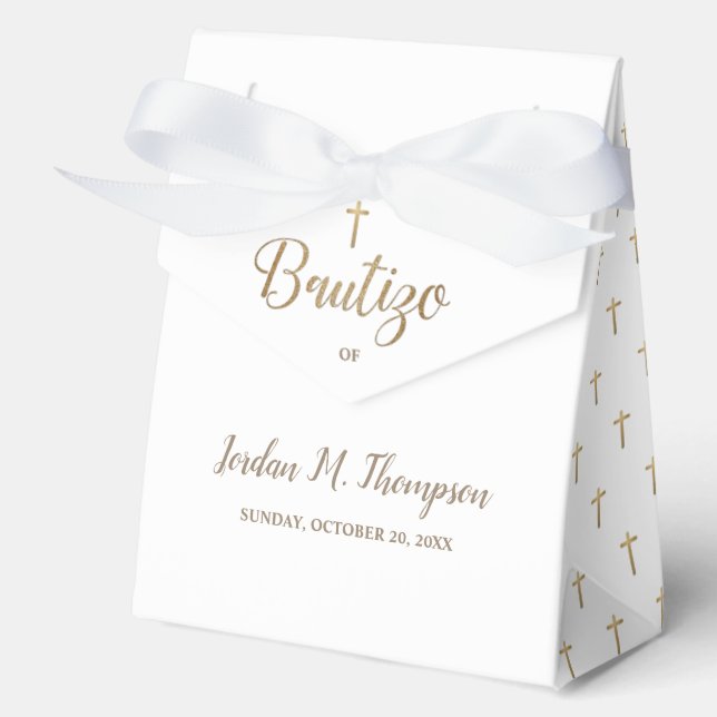 Elegant Gold Cross White Bautizo Personalised Favour Box (Front)