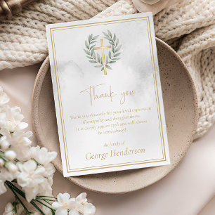 Elegant Gold Cross with Leaves Funeral Thank You Card
