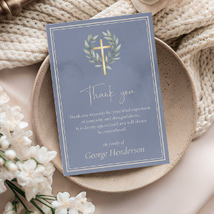 Elegant Gold Cross with Leaves Funeral Thank You Card