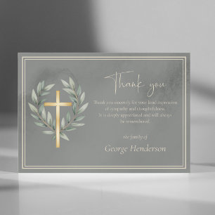 Elegant Gold Cross with Leaves Funeral Thank You Card