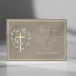 Elegant Gold Cross with Leaves Funeral Thank You Card