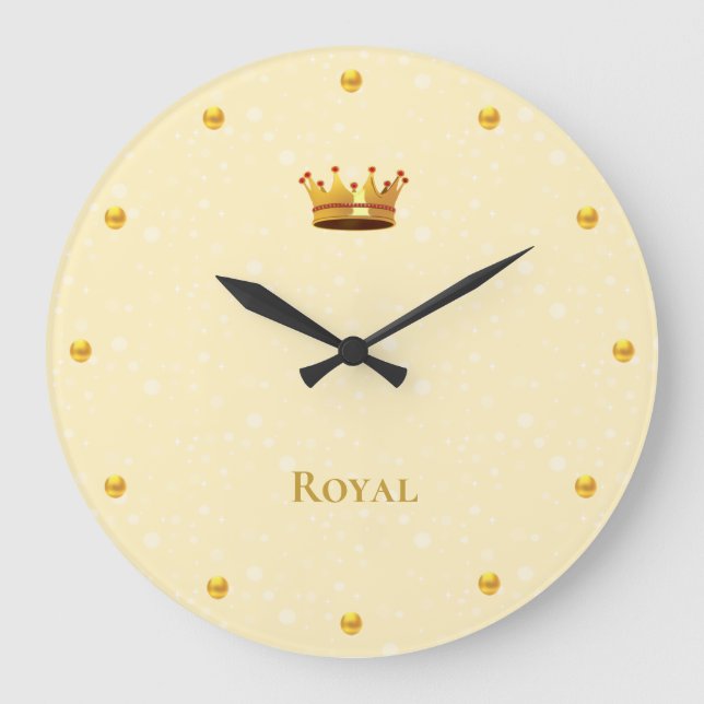 Elegant Gold Crown & Light Orbs on Light Saffron Large Clock (Front)