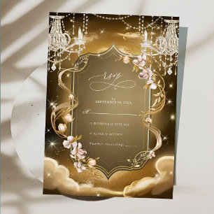 Elegant Gold Crystals Chandelier Wedding RSVP Card