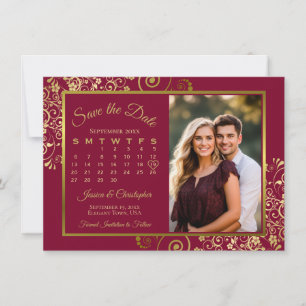 Elegant Gold Curls Burgundy Calendar Photo Wedding Save The Date