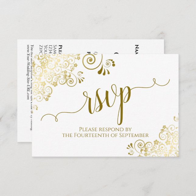 Elegant Gold Curls & Calligraphy Wedding QR Code RSVP Card (Front/Back)