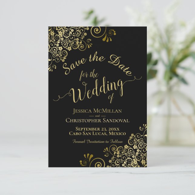 Elegant Gold Curls Filigree on Black Wedding Save The Date (Standing Front)