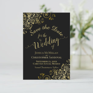 Elegant Gold Curls Filigree on Black Wedding Save The Date