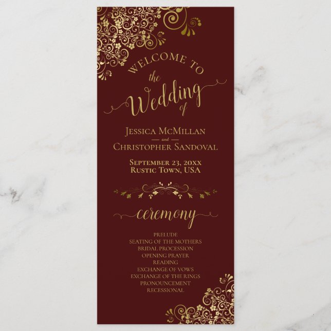 Elegant Gold Curls on Auburn Brown Wedding Program (Front)