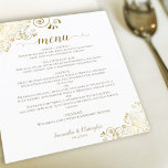 Elegant Gold Curls on White Budget Wedding Menu<br><div class="desc">These beautiful wedding menus are simple,  elegant,  and stylish while still being budget friendly and affordable. They feature a classy and glamorous design with ornate golden faux foil corners and script calligraphy on a white background. The back is a beautiful marbled gold color.</div>