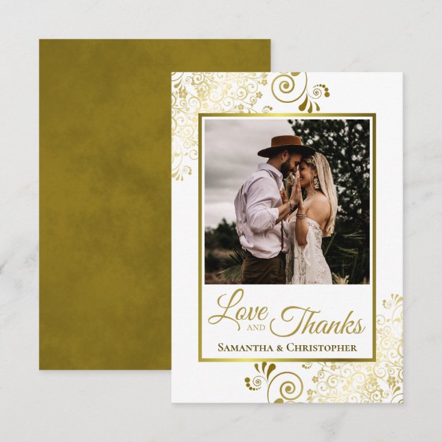 Elegant Gold Curls on White Love & Thanks Wedding Thank You Card (Front/Back)
