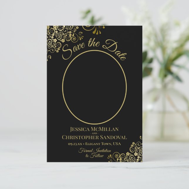 Elegant Gold Curls Oval Photo Black Wedding Save The Date (Standing Front)