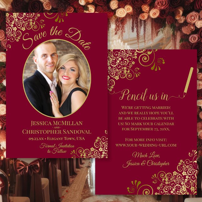 Elegant Gold Curls Oval Photo Burgundy Wedding Save The Date (Front/Back)