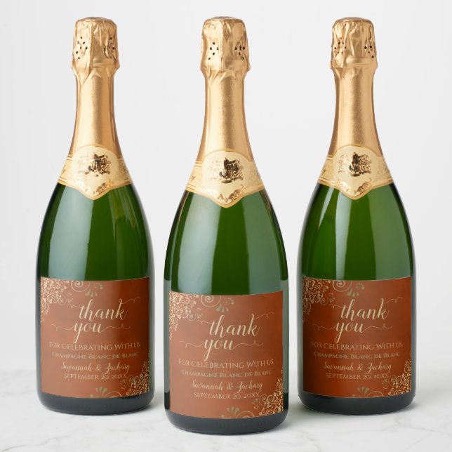 Elegant Gold Curls Rust Orange Wedding Thank You Sparkling Wine Label (Bottles)